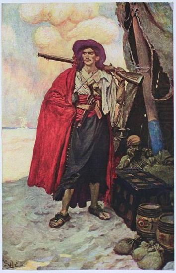 The Buccaneer was a Picturesque Fellow: illustration of a pirate, dressed to the nines in piracy attire., Howard Pyle
